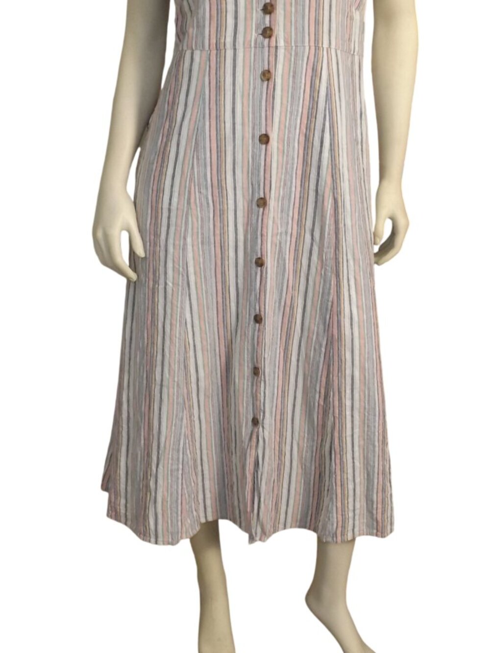 MARINE LAYER Midi Dress, L, Multicolor Stripes, Button front, Ruffle cap sleeve - Picture 9 of 15